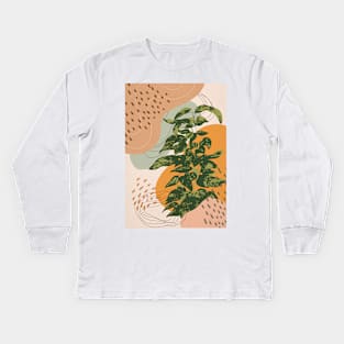 Mid Century Modern, Abstract Philodendron Illustration, Bohemian Art Kids Long Sleeve T-Shirt